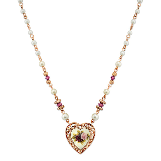 1928 Jewelry Rose Faux Pearl Purple Flower Heart Pendant Necklace 15" + 3" Extender